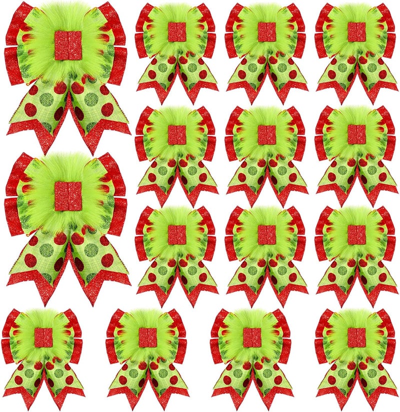 Knitgrip 12 Pcs Red Green Christmas Bows Christmas Tree Decoration Lime Green Wreaths Velvet Bow Tree Topper with Fluffy Ornaments for Xmas Party (Elegant) - Image 1